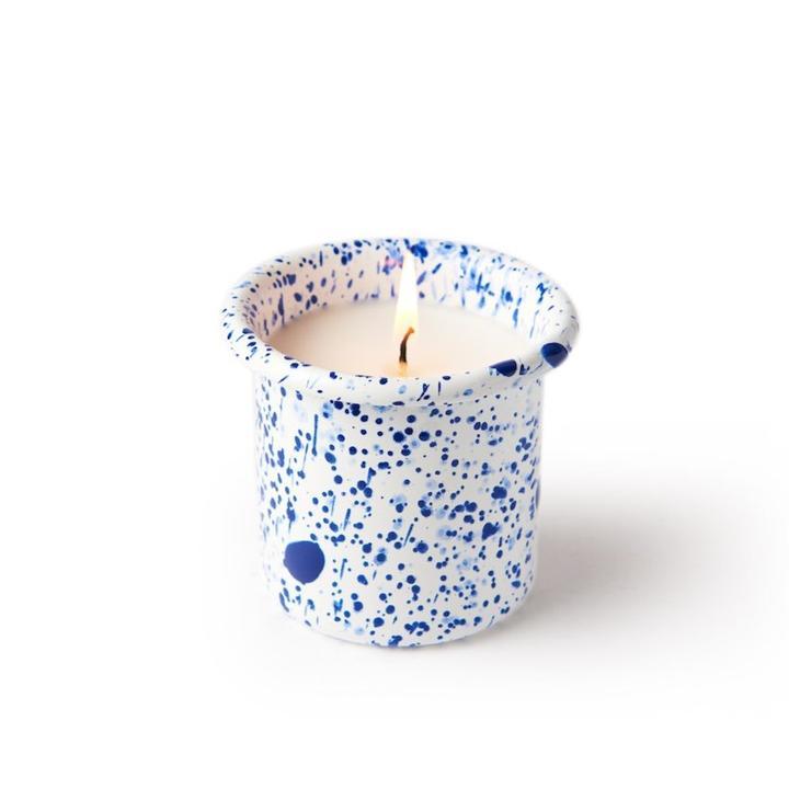 Orange Blossom Candle In Blue On White Splatter Enamelware Container